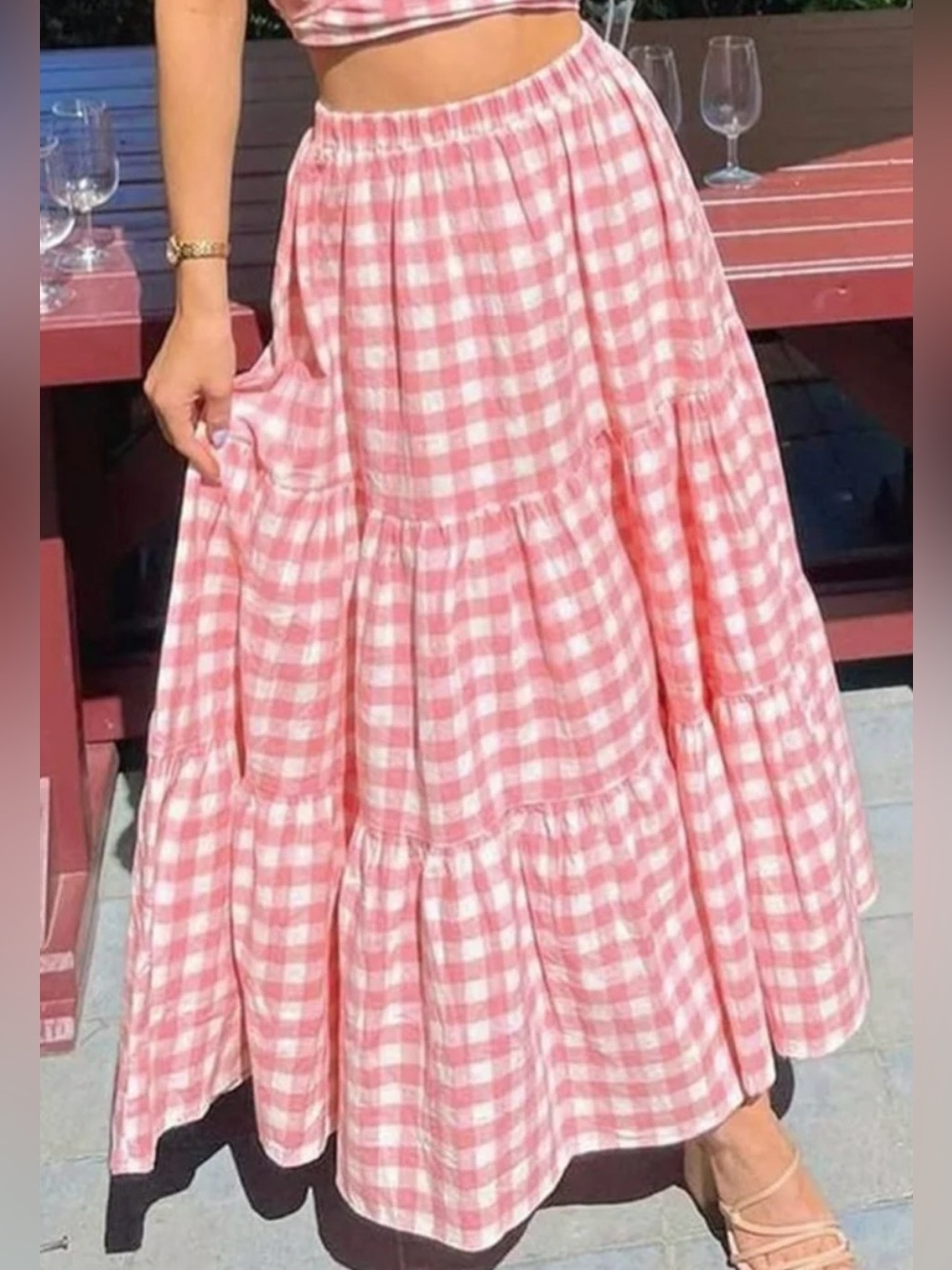 Pink Gingham Tiered Maxi Skirt - Women's